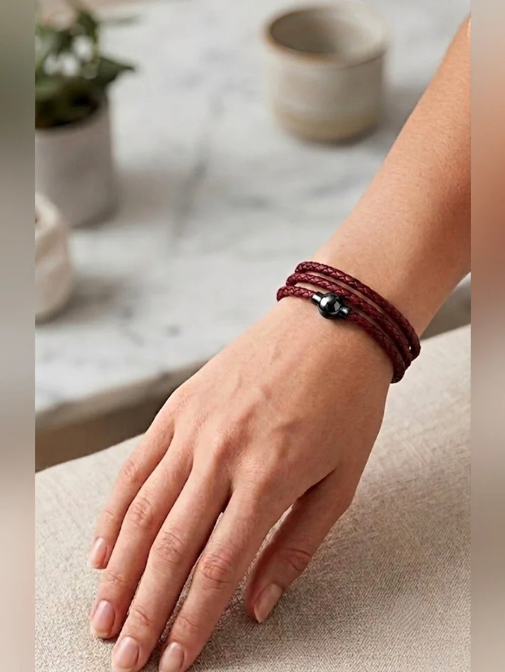Linx Triple Wrap Burgundy Leather Braided Bracelet with Black Magnetic Clasp